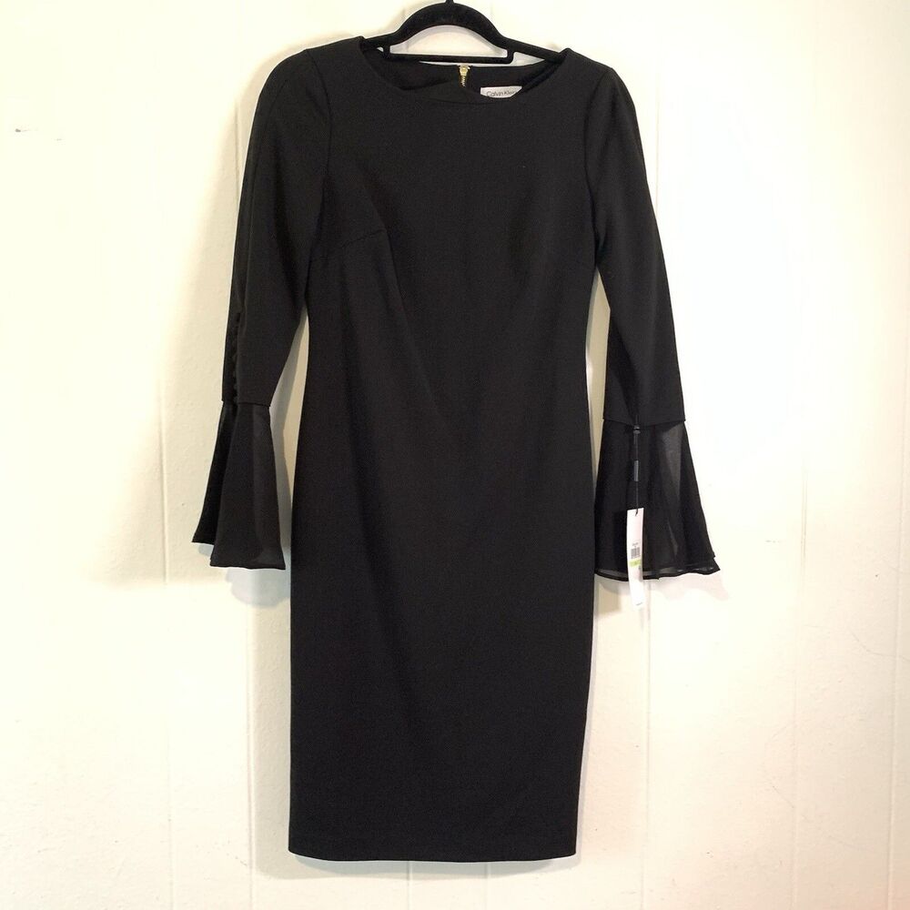 Calvin Klein Womens 4 Dress Black 3/4 Sleeve  Flare Buttons Evening Cocktail NEW